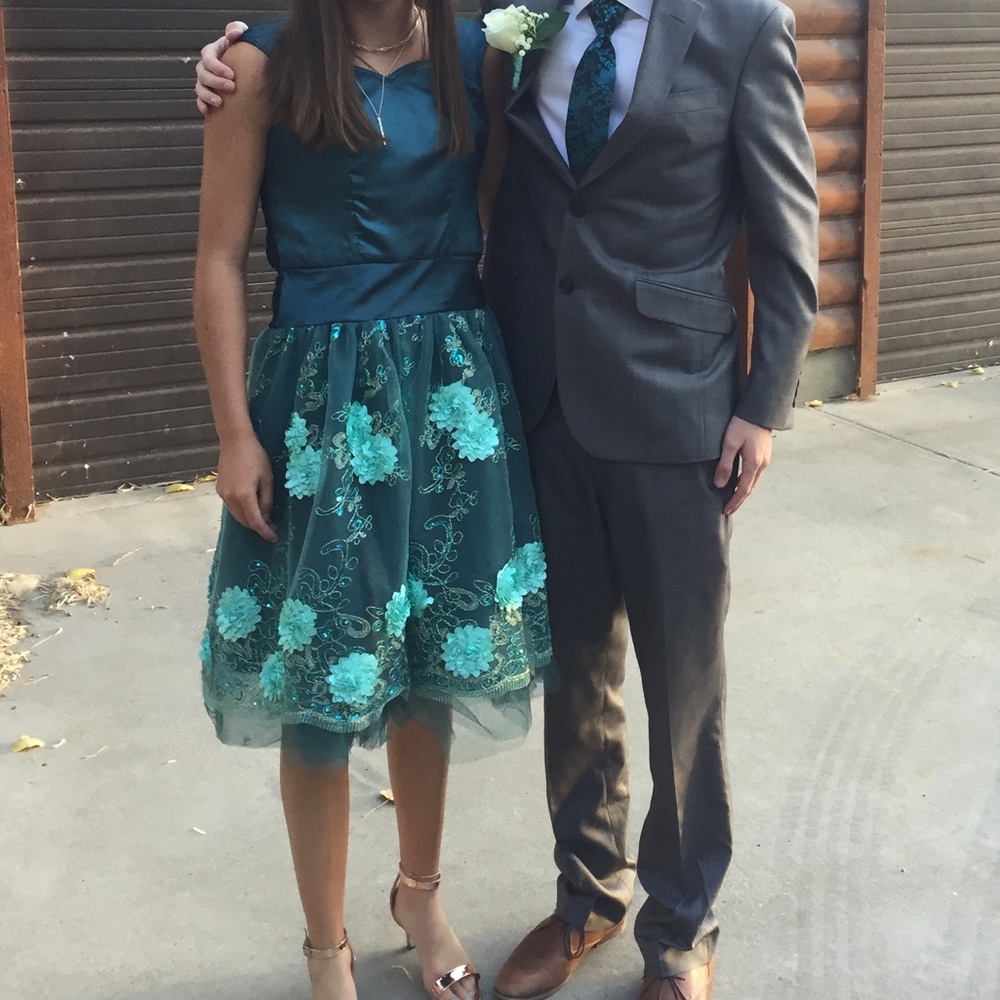 Blue dress with Turquoise flowers and sequins